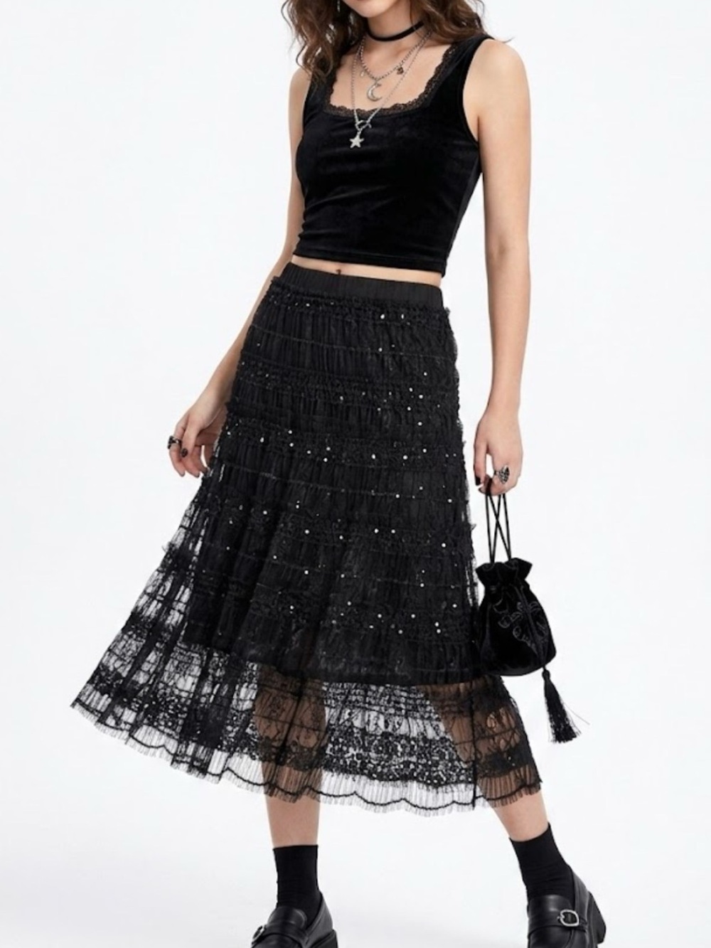 NWT Black Lace Sequin Midi Skirt Y2K Whimsigoth Grunge Small